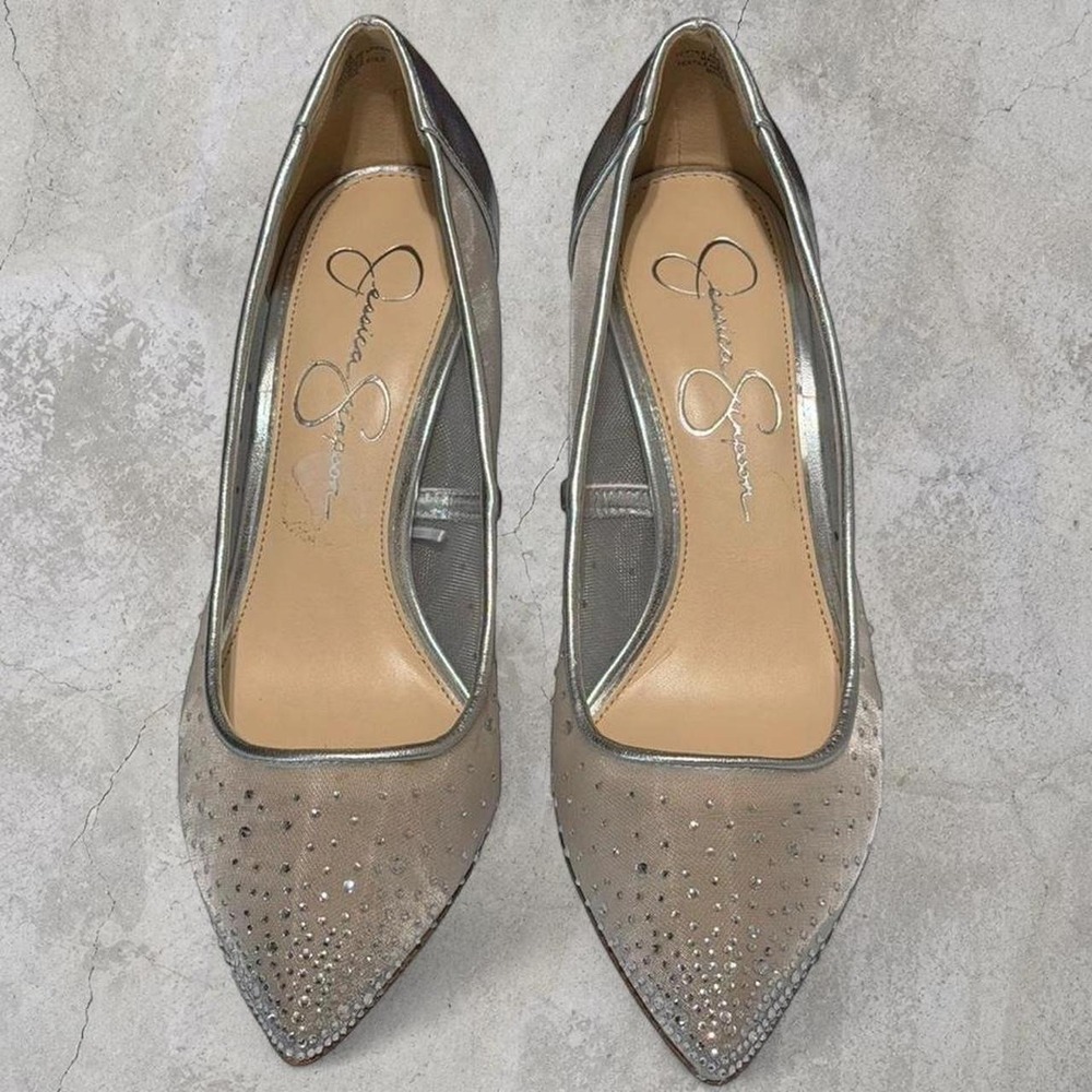 Jessica Simpson Rhinestone Mesh Silver Heels